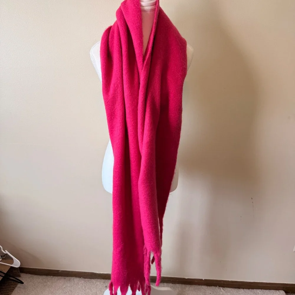 Susan Graver Womens Scarf OS Bold Pink Oversized Brushed Knit Tassel Fringe